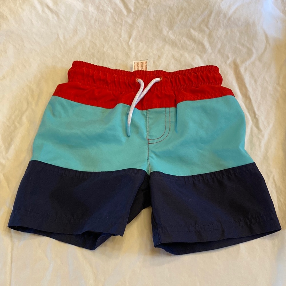 Cat and Jack swim trunks, 3T, used, teal, blue and red stripes